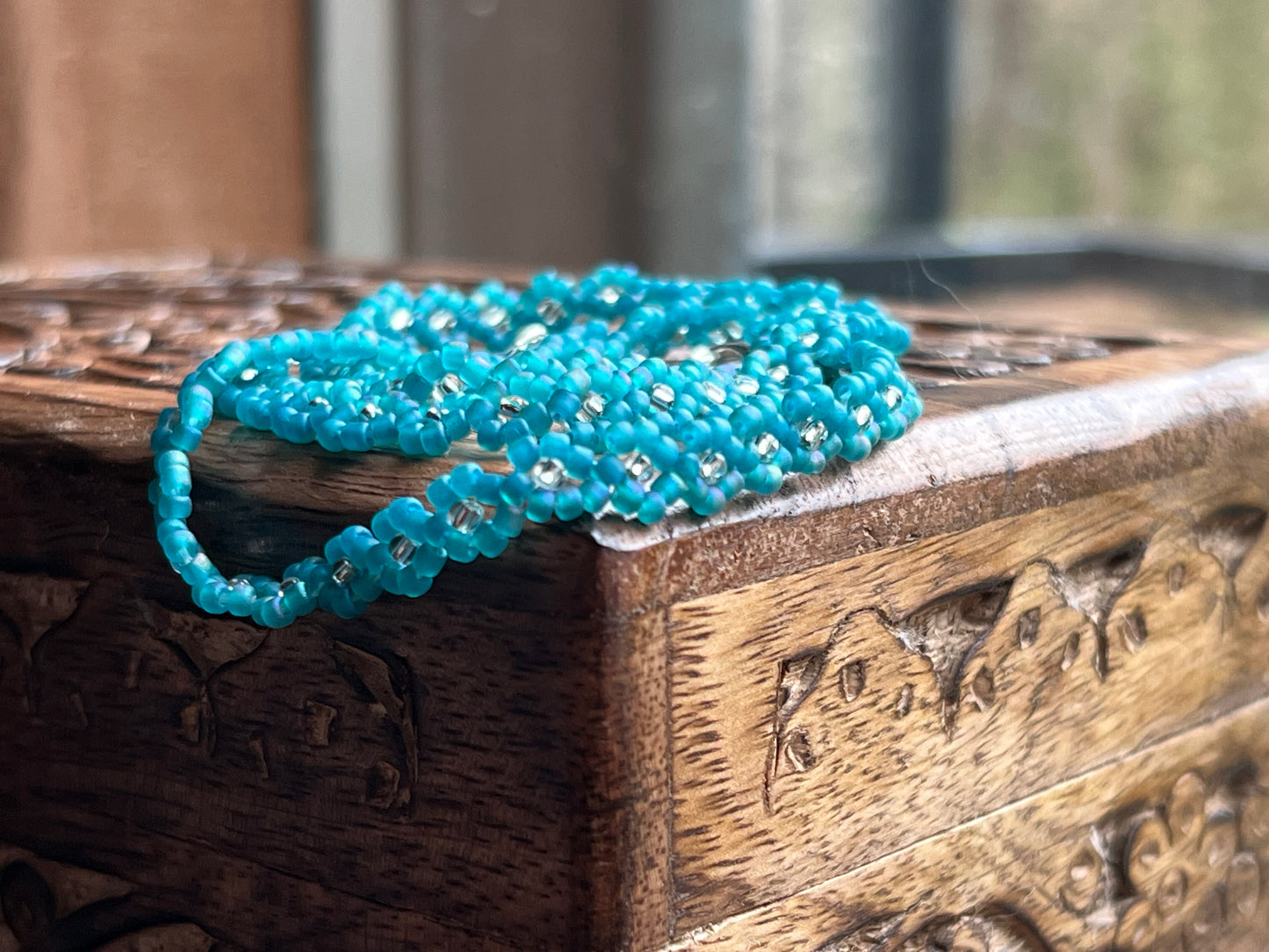 Teal beaded flower chain necklace (17-18”)