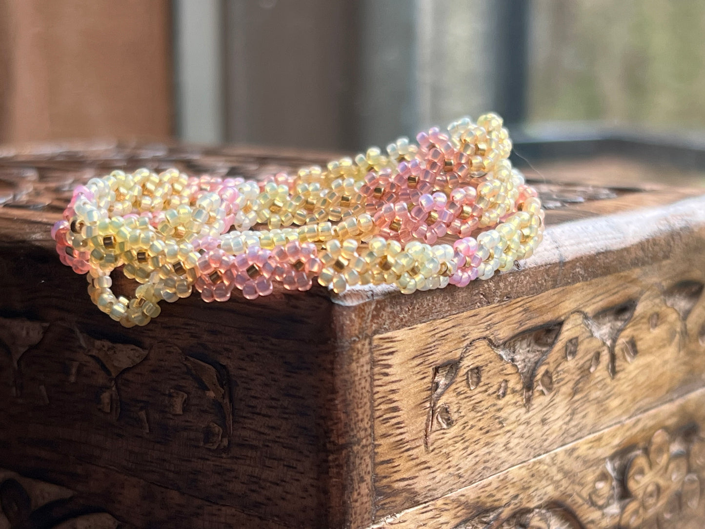 Yellow and pink beaded flower chain necklace (16.5-18”)