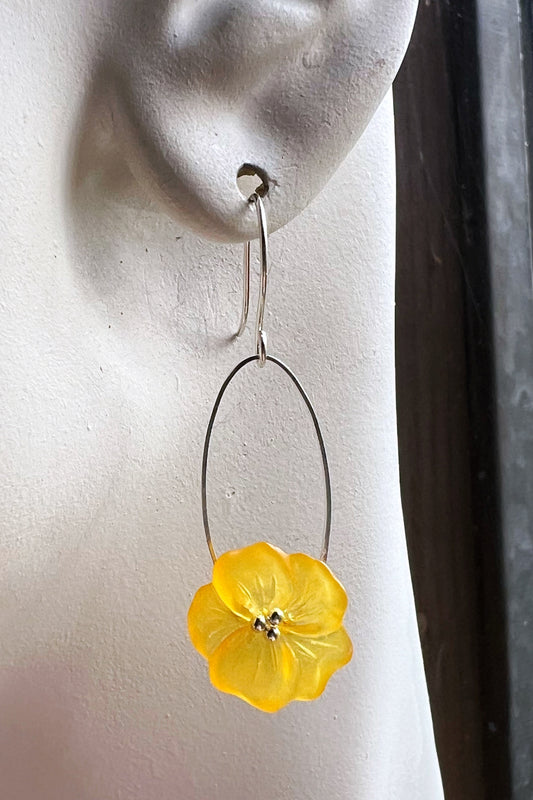 Clearance Yellow flower earrings on silver ovals, sterling ear hooks