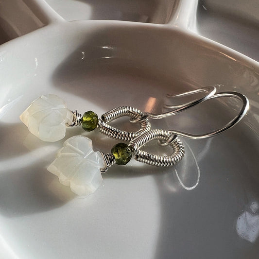 Moonstone carved leaves, green tourmaline and sterling silver earrings