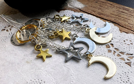 Galaxy Earrings, mixed metal chain and star and moon clusters. The Celestial Collection.