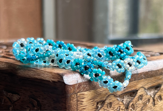 Aqua and white beaded flower chain necklace 17”