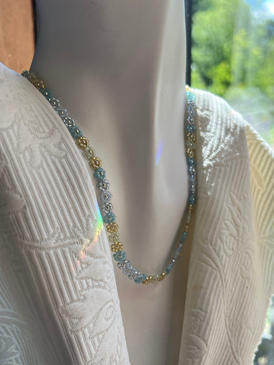 Gold and soft blue beaded flower chain necklace (16-18”)