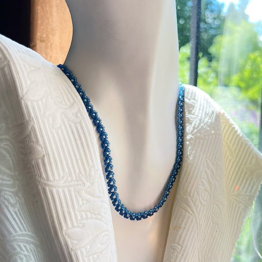 Denim blue beaded flower chain necklace (16.5-18”)