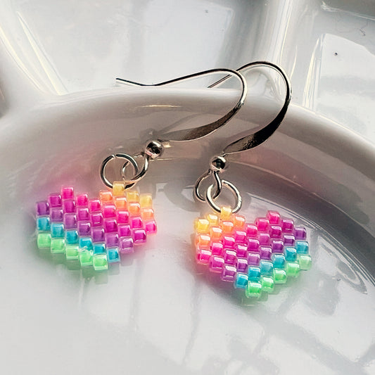 Rainbow heart earrings in florescent blacklight beads