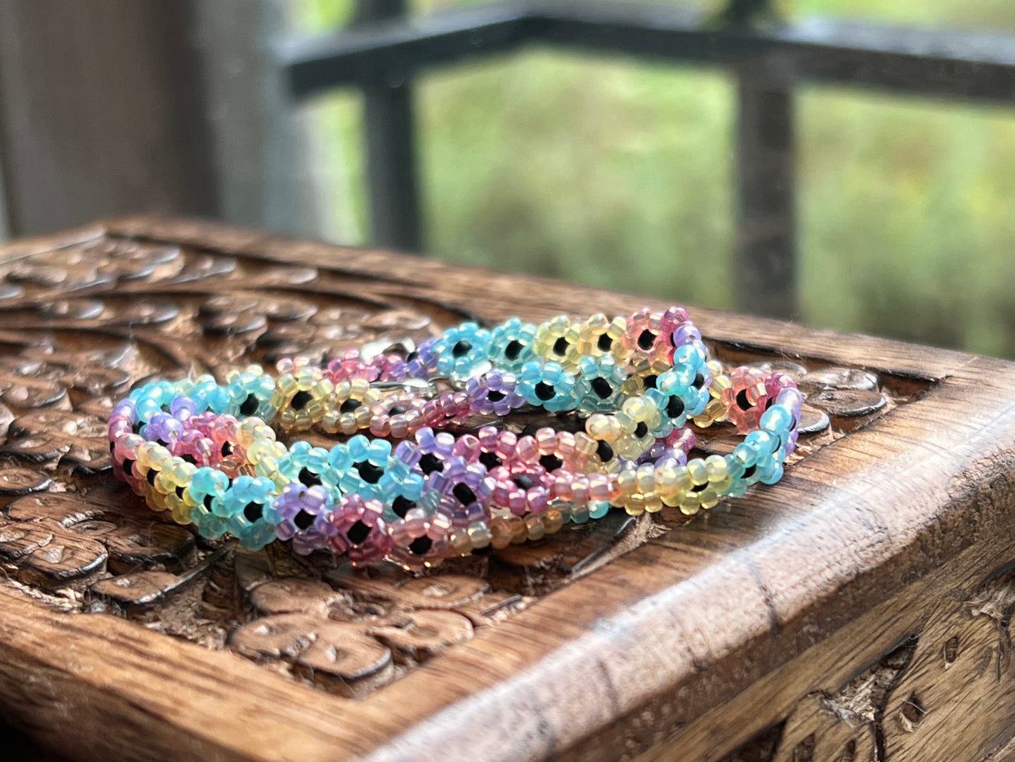 Rainbow beaded flower chain necklace (16-18”)