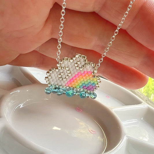 Raincloud necklace with fluorescent UV rainbow beads