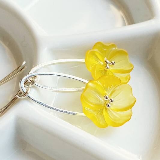 Clearance Yellow flower earrings on silver ovals, sterling ear hooks