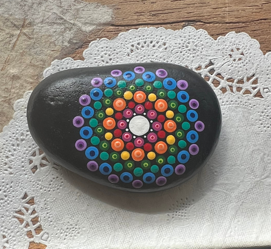 Mandala painted rock art, Rainbow (706f)