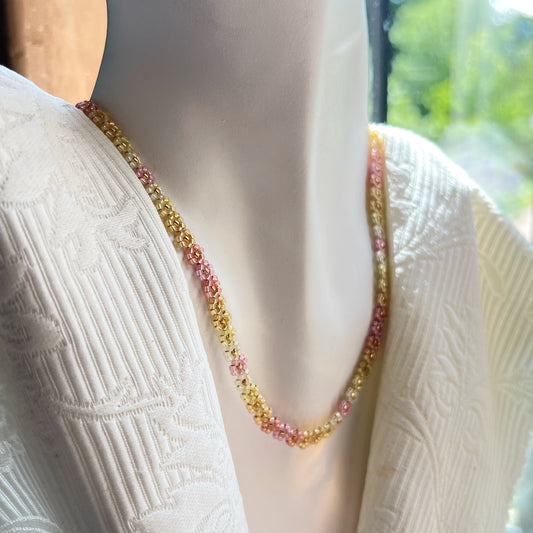 Yellow and pink beaded flower chain necklace (16.5-18”)