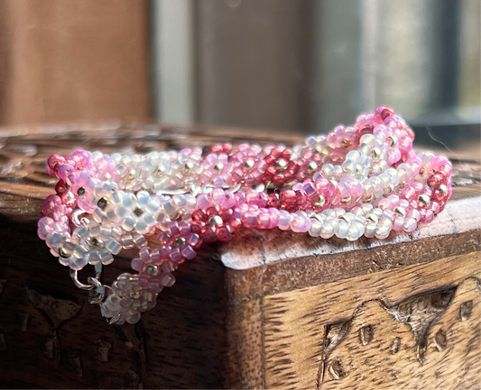 Pink beaded flower chain necklace (16.5-18”)