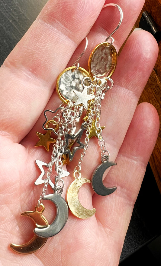 Galaxy Earrings, mixed metal chain and star and moon clusters. The Celestial Collection.