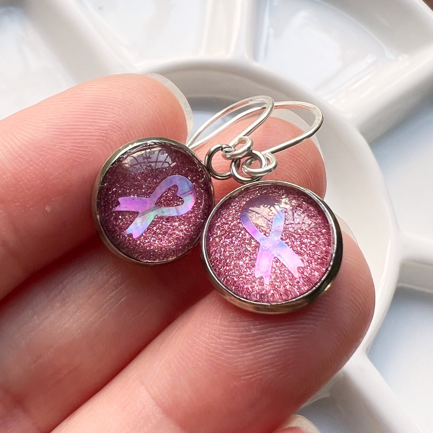 The pink ribbon earrings (gold or silver)