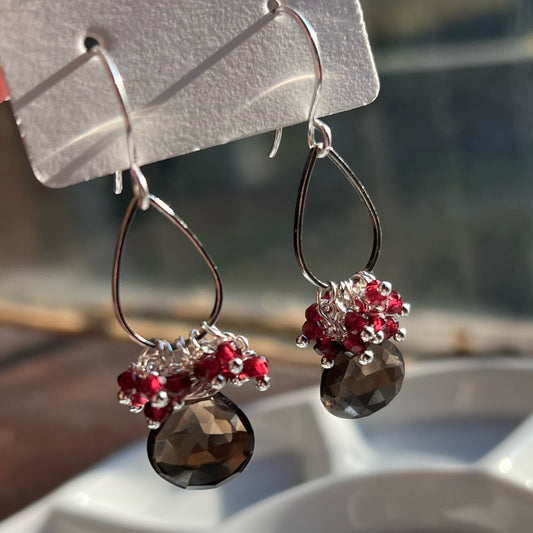 Smoky quartz and garnet cluster gemstones. Sterling silver hooks