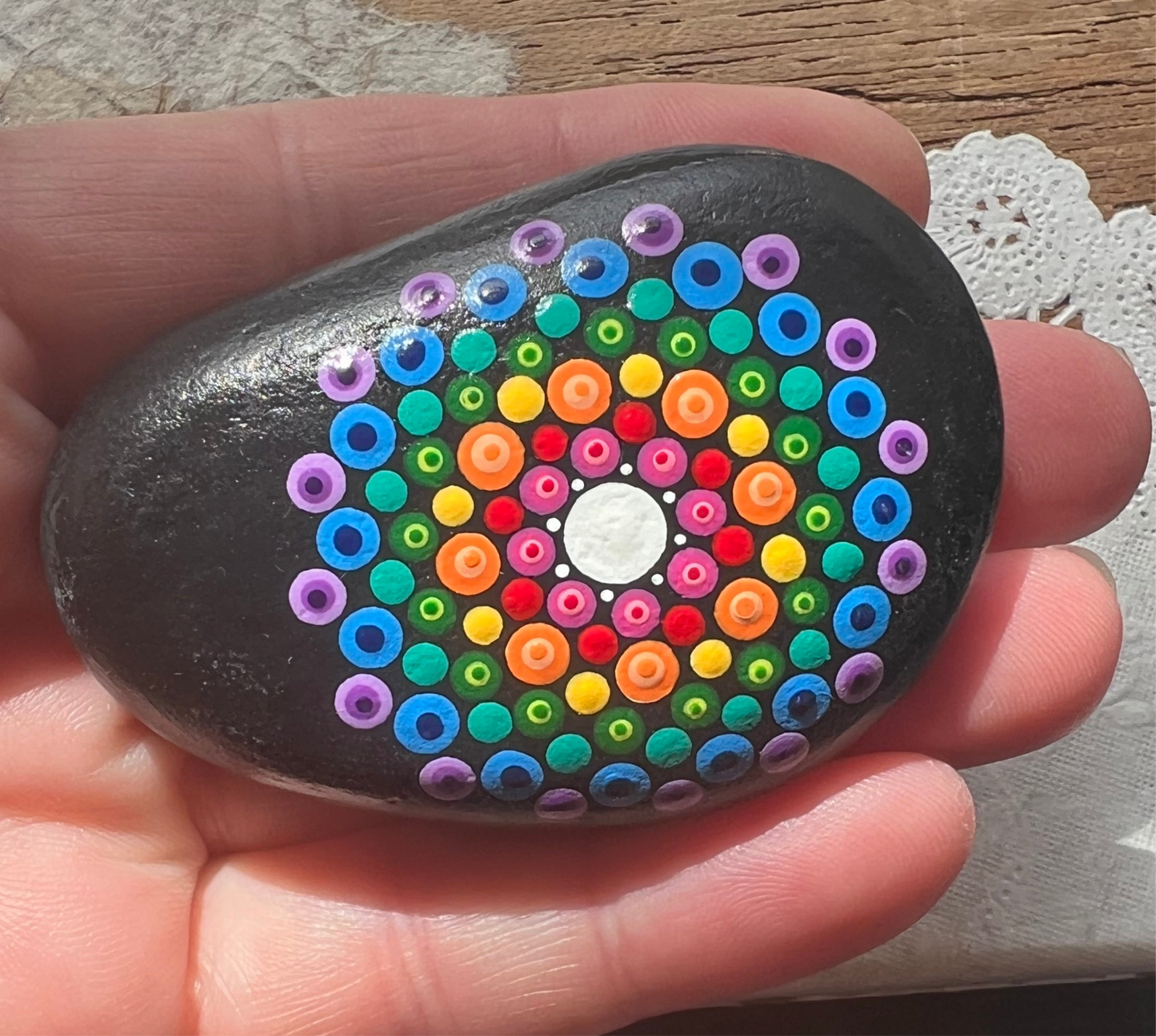 Mandala painted rock art, Rainbow (706f)