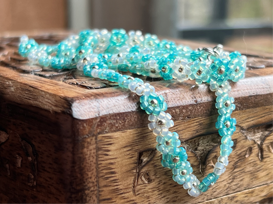 Aqua beaded flower chain necklace (18.5-20”)