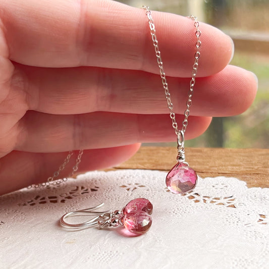 Pink quartz earring and necklace set