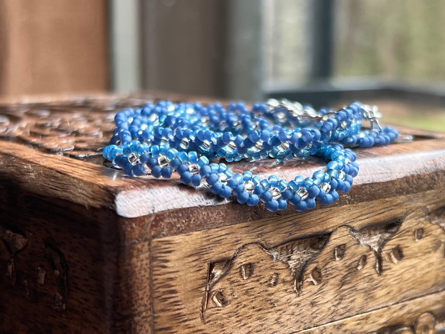 Denim blue beaded flower chain necklace (16.5-18”)