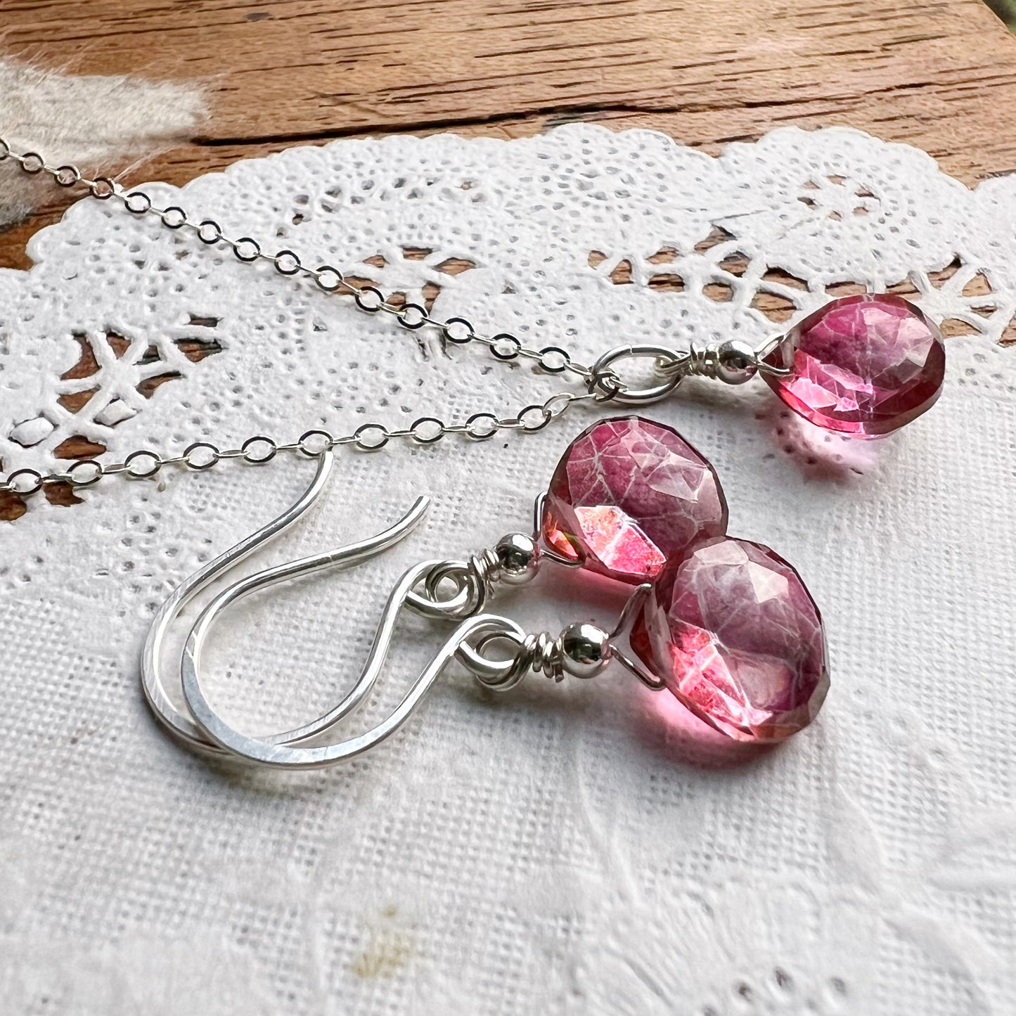 Pink quartz earring and necklace set