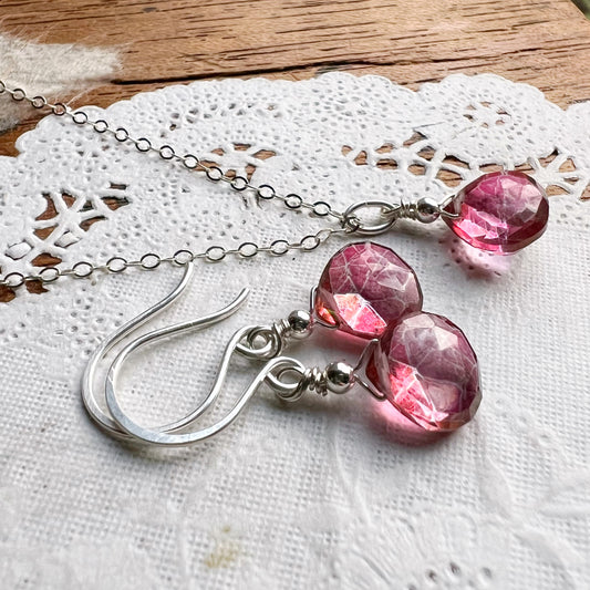 Pink quartz earring and necklace set