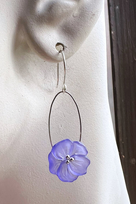Clearance Blue flower earrings on silver ovals, sterling ear hooks