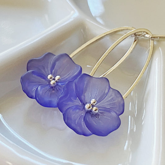Clearance Blue flower earrings on silver ovals, sterling ear hooks