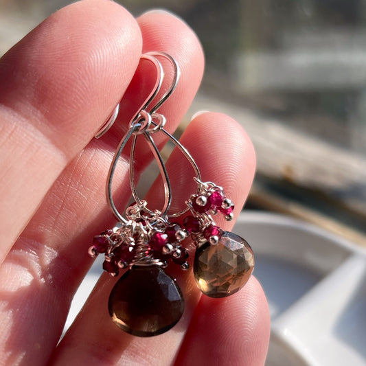 Smoky quartz and garnet cluster gemstones. Sterling silver hooks