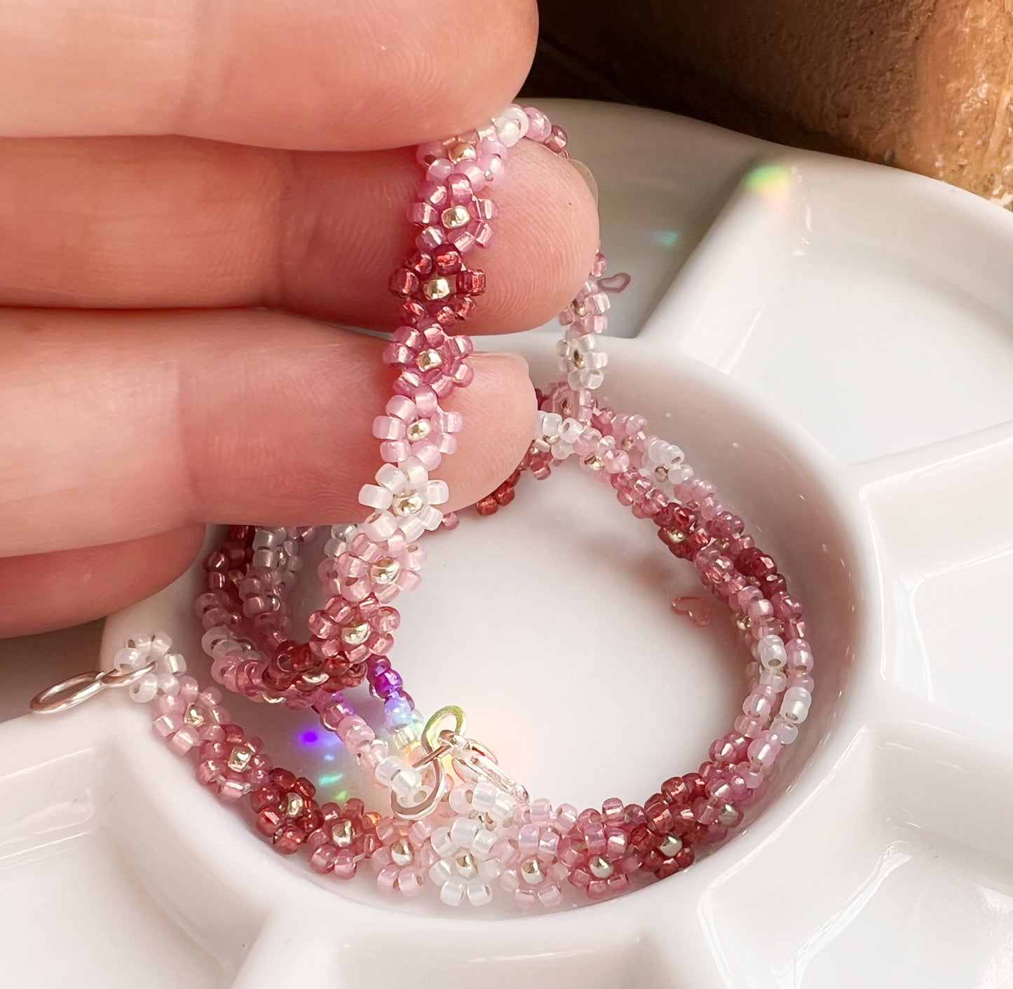 Pink beaded flower chain necklace (16.5-18”)