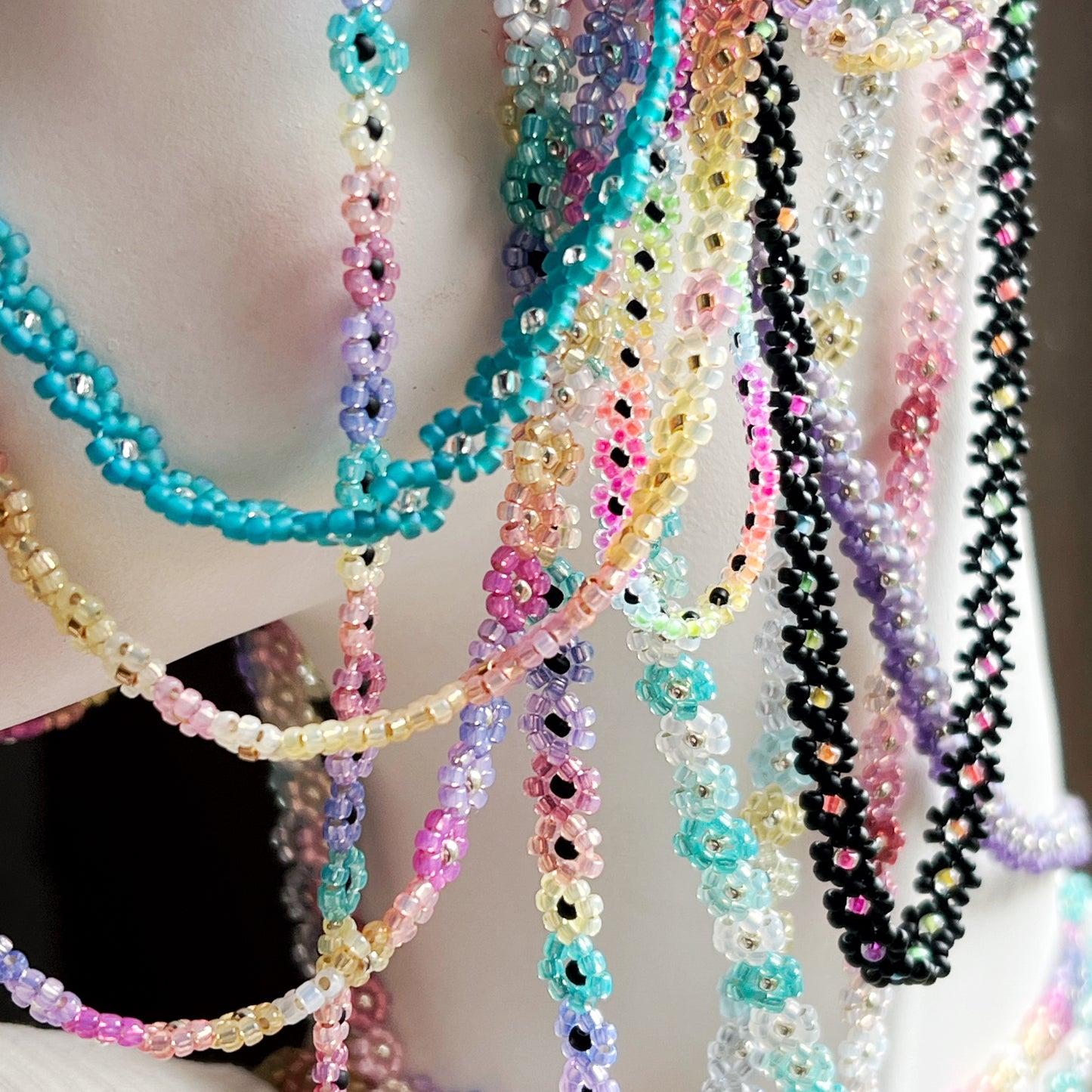Teal beaded flower chain necklace (17-18”)