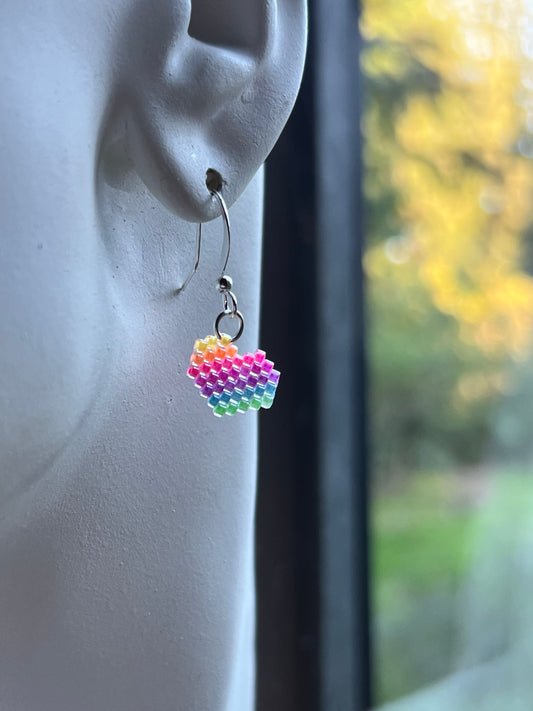 Rainbow heart earrings in florescent blacklight beads