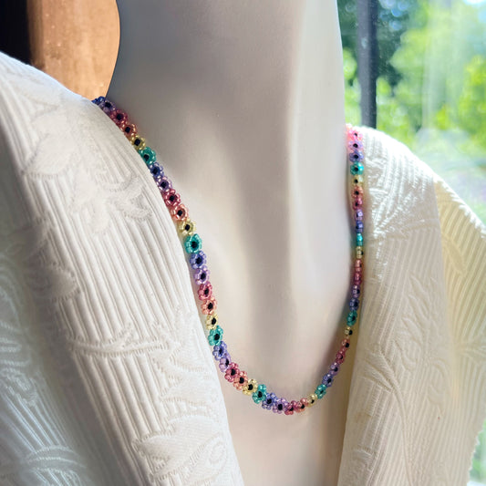 Rainbow beaded flower chain necklace (16-18”)