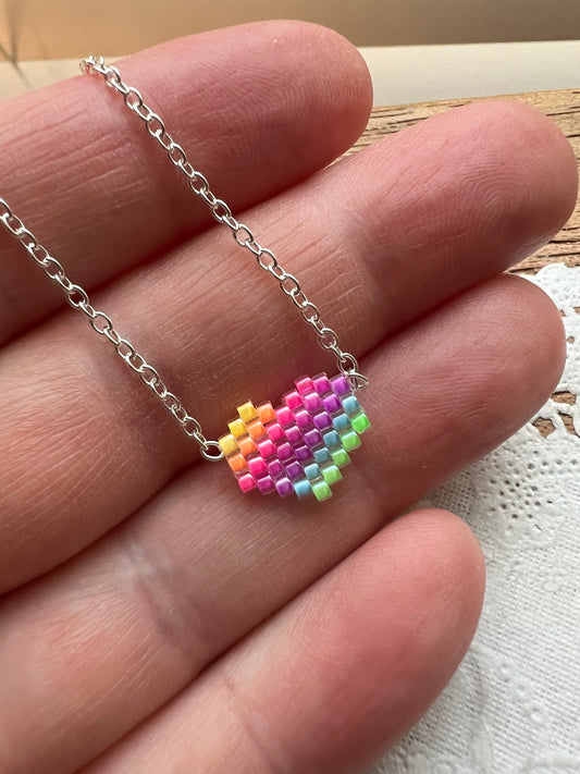Cute Tiny heart necklace with fluorescent UV rainbow beads