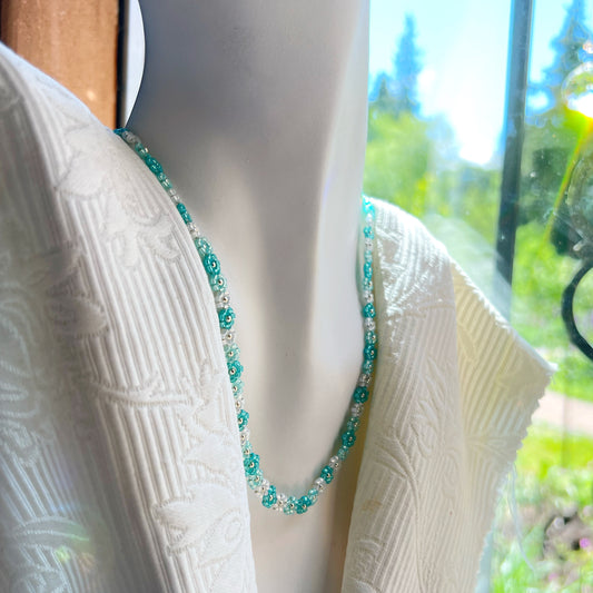 Aqua beaded flower chain necklace (18.5-20”)