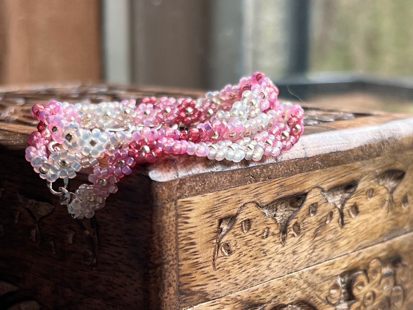 Pink beaded flower chain necklace (16.5-18”)