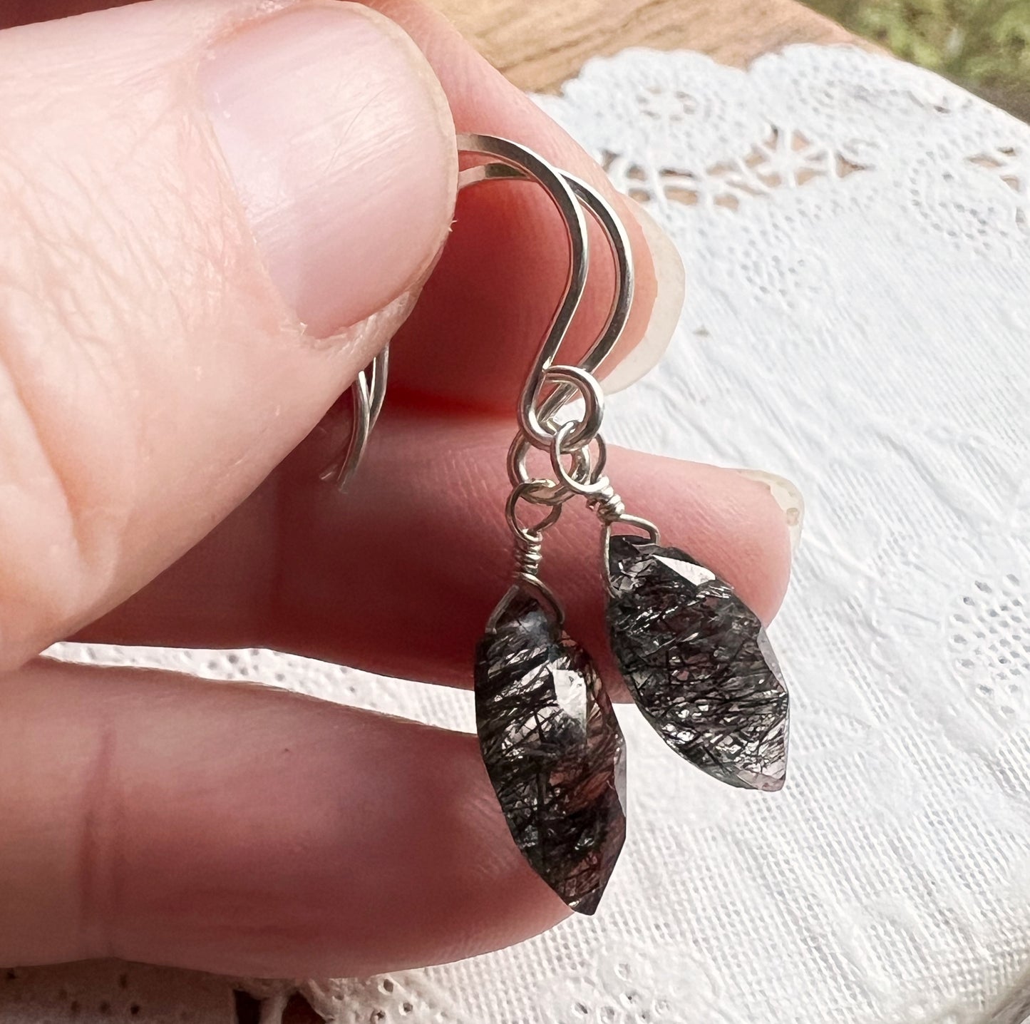 Tourmalinated quartz marquise and sterling silver earrings