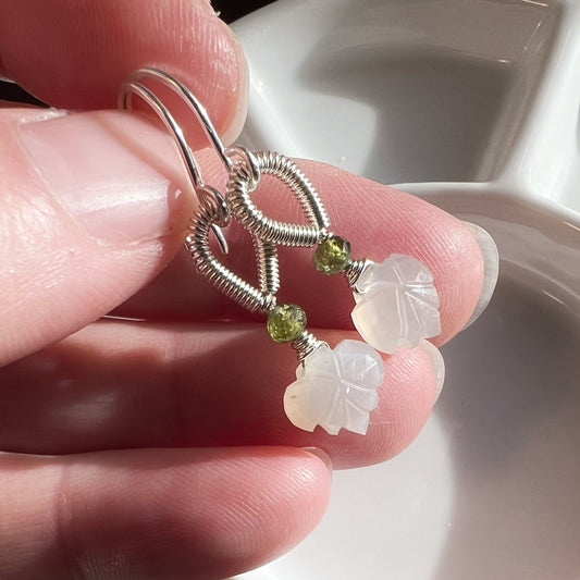 Moonstone carved leaves, green tourmaline and sterling silver earrings