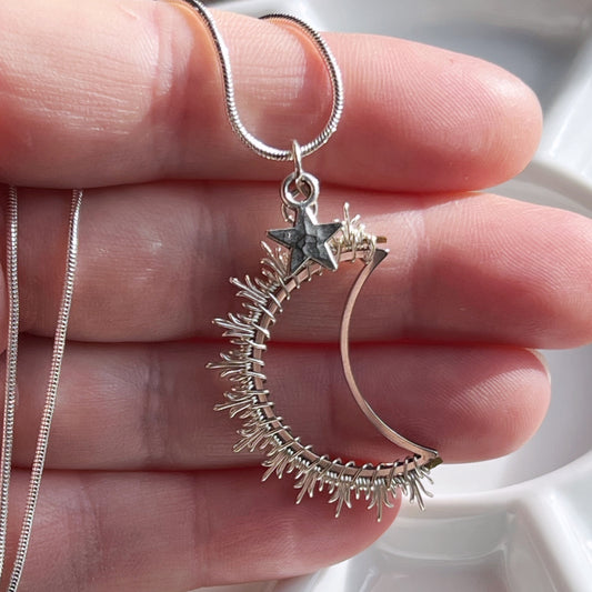 Silver crescent Moon, silver star Necklace. The Celestial Collection.