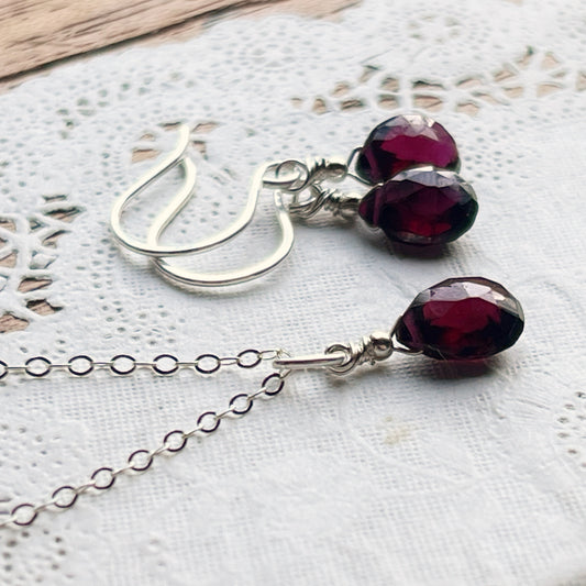 Dark garnet briollette earrings and necklace set