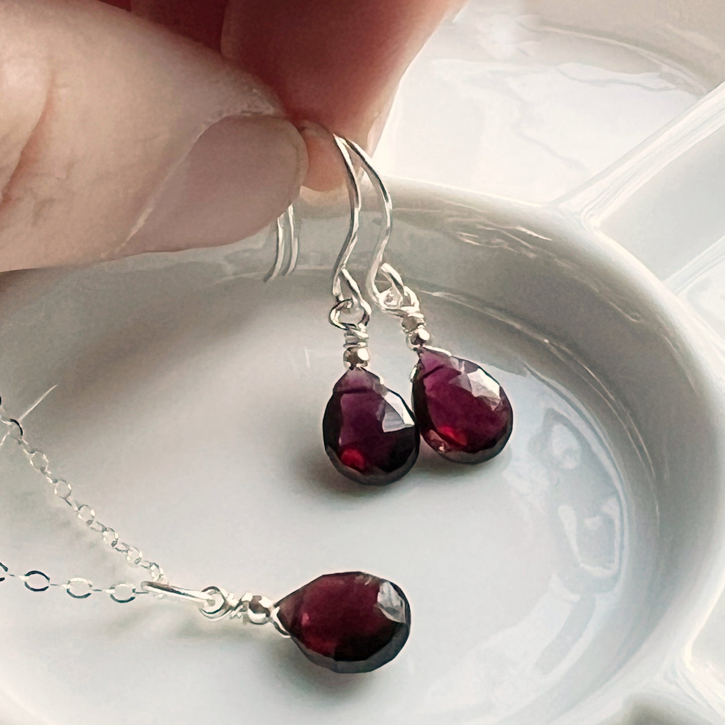 Dark garnet briollette earrings and necklace set