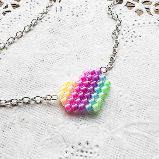 Cute Tiny heart necklace with fluorescent UV rainbow beads