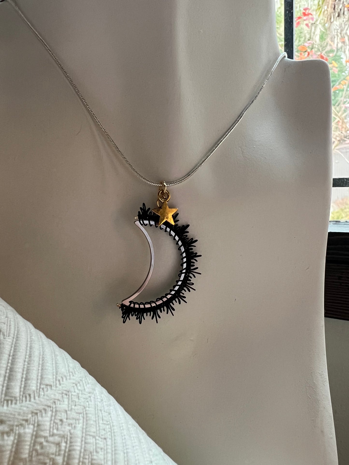 Silver crescent Moon, silver star Necklace. The Celestial Collection.