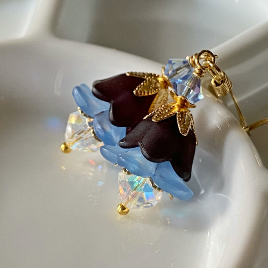Clearance Flower earrings in storm blue and deep brown, gold plated finishings