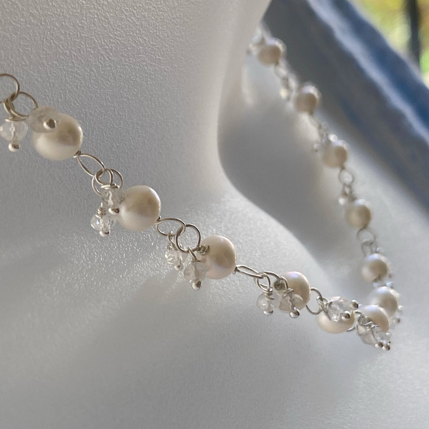White pearl and moonstone link necklace