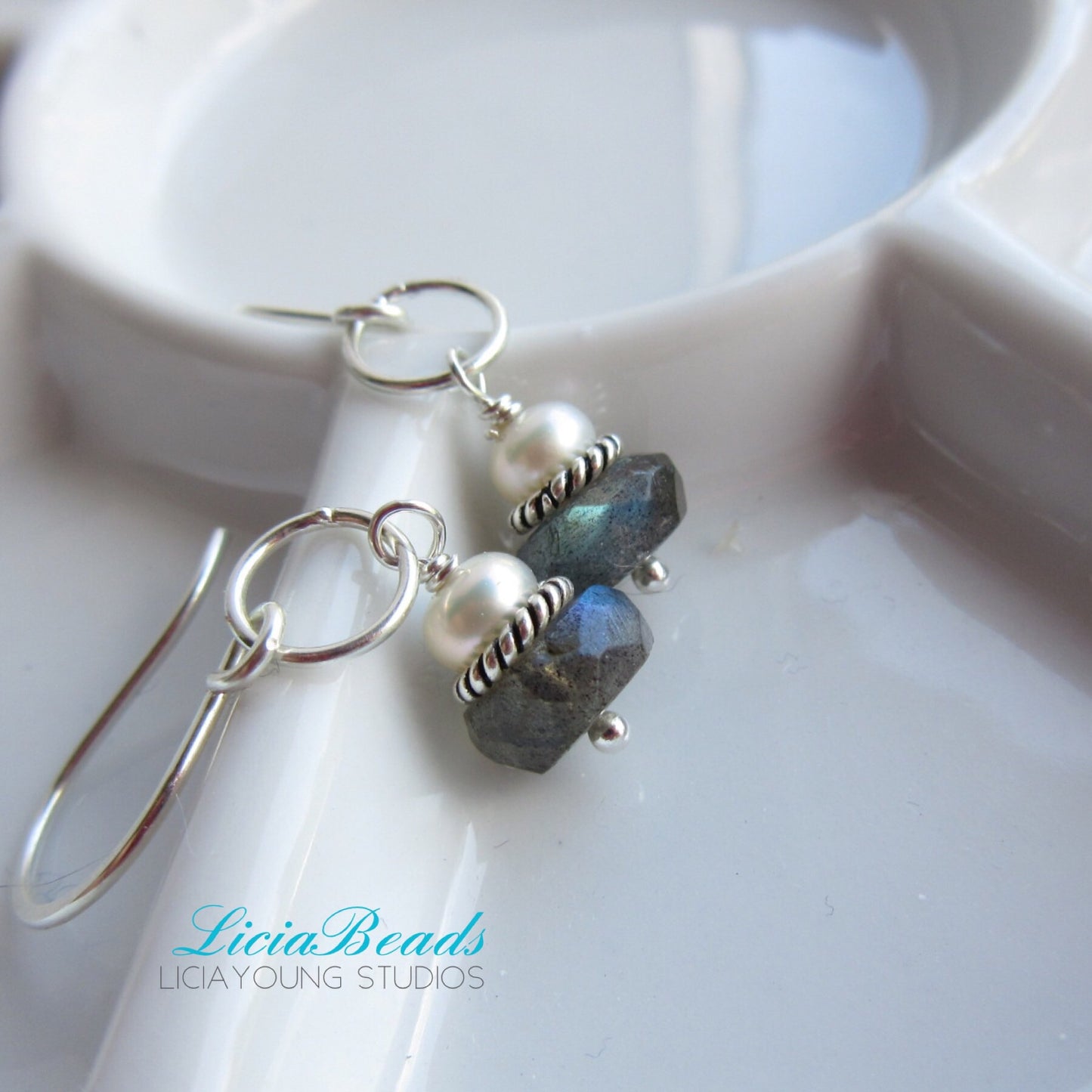 Labradorite and pearl earrings, sterling silver
