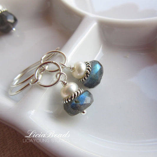 Labradorite and pearl earrings, sterling silver