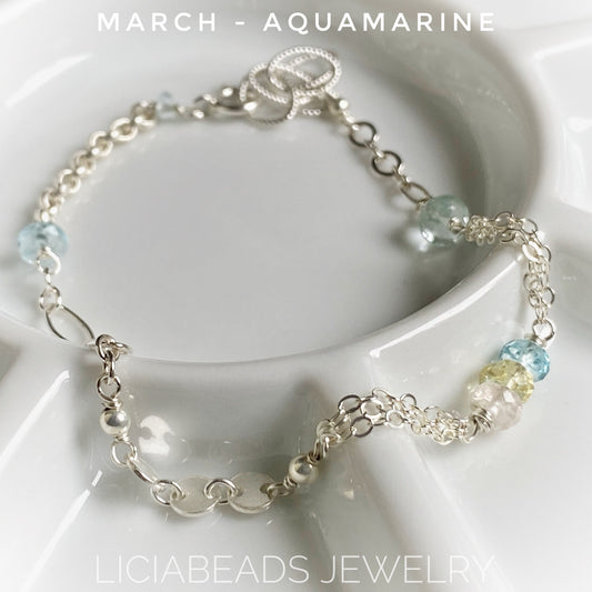 Aquamarine - March birthstone bracelet fits 6.5 to 7.5”