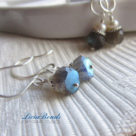 Labradorite and pearl earrings, sterling silver