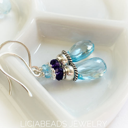 Blue topaz and amethyst briolette earrings on sterling silver hooks