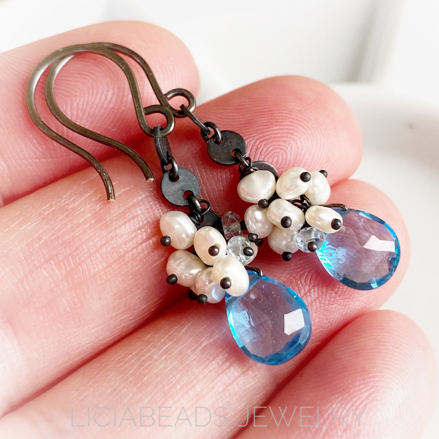 Swiss Blue topaz and pearls on blackened sterling silver