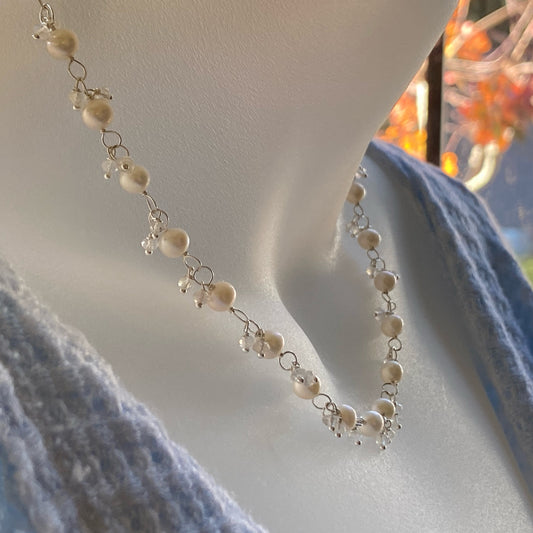 White pearl and moonstone link necklace